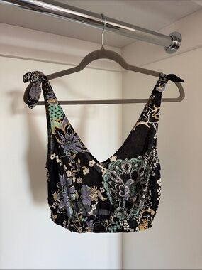 Free People Black Floral Shoulder-tie Cropped Tank